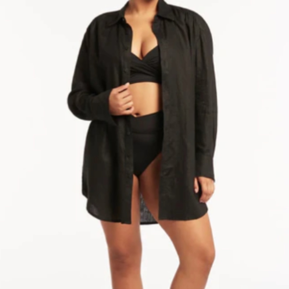 NWT Sea Level Australia Linen Button Down Swim Cover  medium black mini dress M